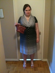 A picture of me in an outfit I wore to one wedding held at a slightly more casual venue. I'm wearing a knee-length black dress with white polka dots that change slightly in size as you go down the dress. It has a not-front below the bust, a deep v-neck and a waist-tie at the back. I am holding a dark red clutch in one hand and wearing dark red lipstick. I have accessorized the dress with sparkly silver sandals and a double-strand of white pearls.  